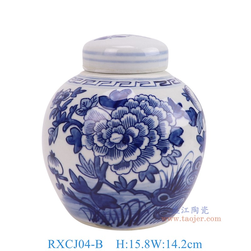 RXCJ04-B青花牡丹花鸟坛子小茶叶罐正面图