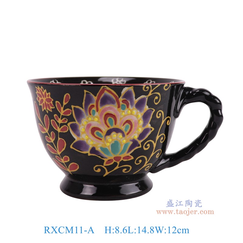 RXCM11-A黑底彩绘花叶纹6寸咖啡杯子正面图