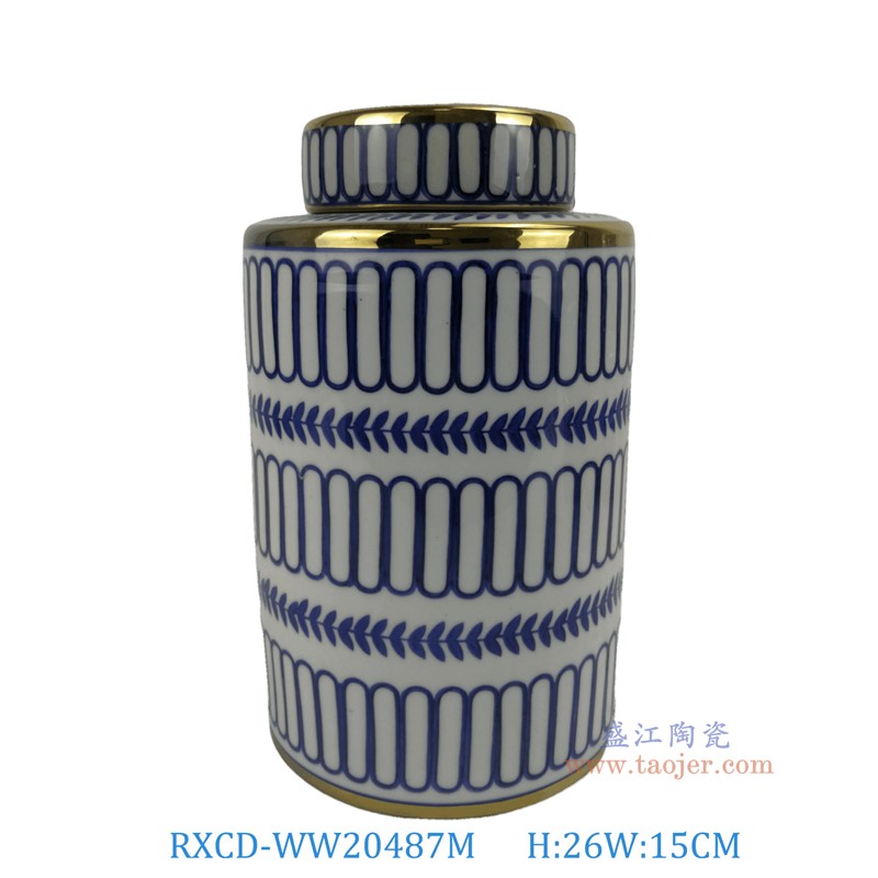 RXCD-WW20487M手工描金几何线条平顶罐中号高26直径15