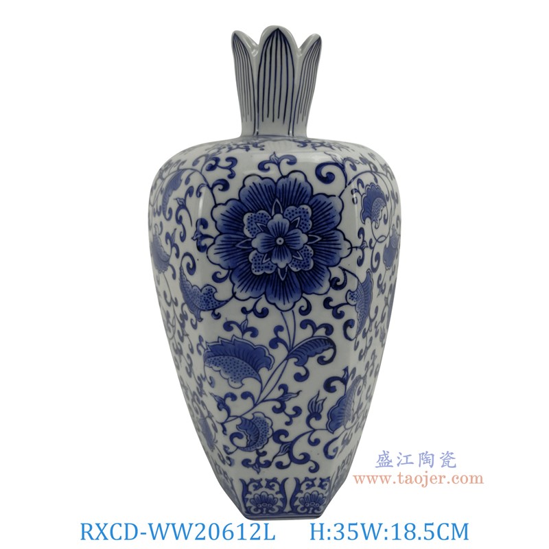 RXCD-WW20612L手工青花缠枝莲花瓣口花瓶大号高35长18.5宽17