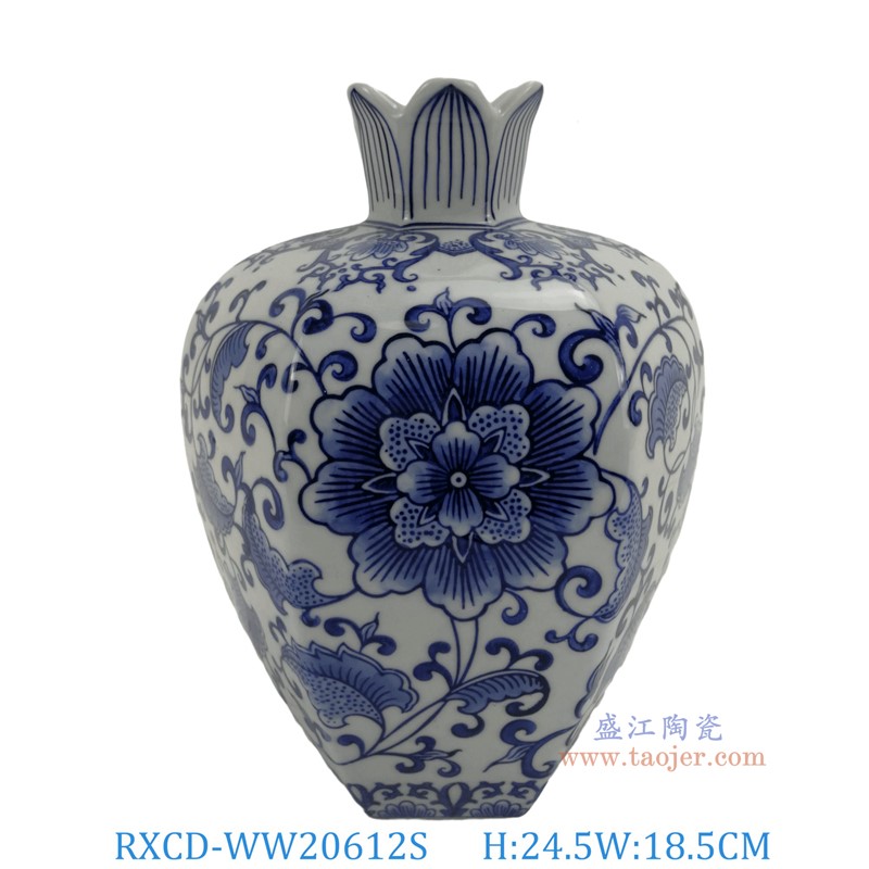 RXCD-WW20612S手工青花缠枝莲花瓣口花瓶小号高24.5长18.5宽17