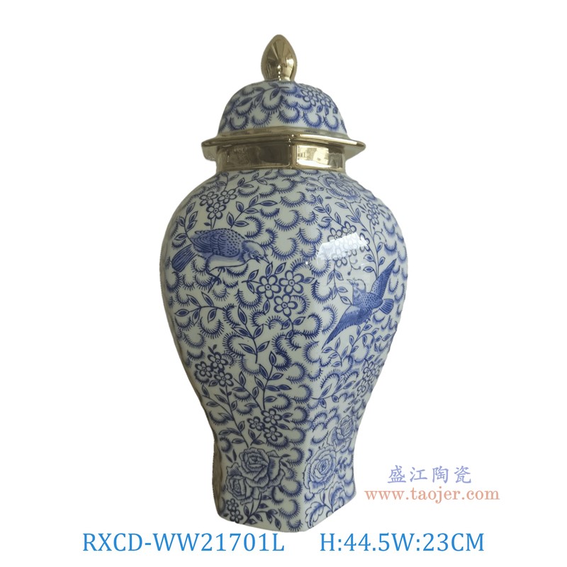 RXCD-WW21701L青花描金花鸟纹四方将军罐大号高44.5直径23