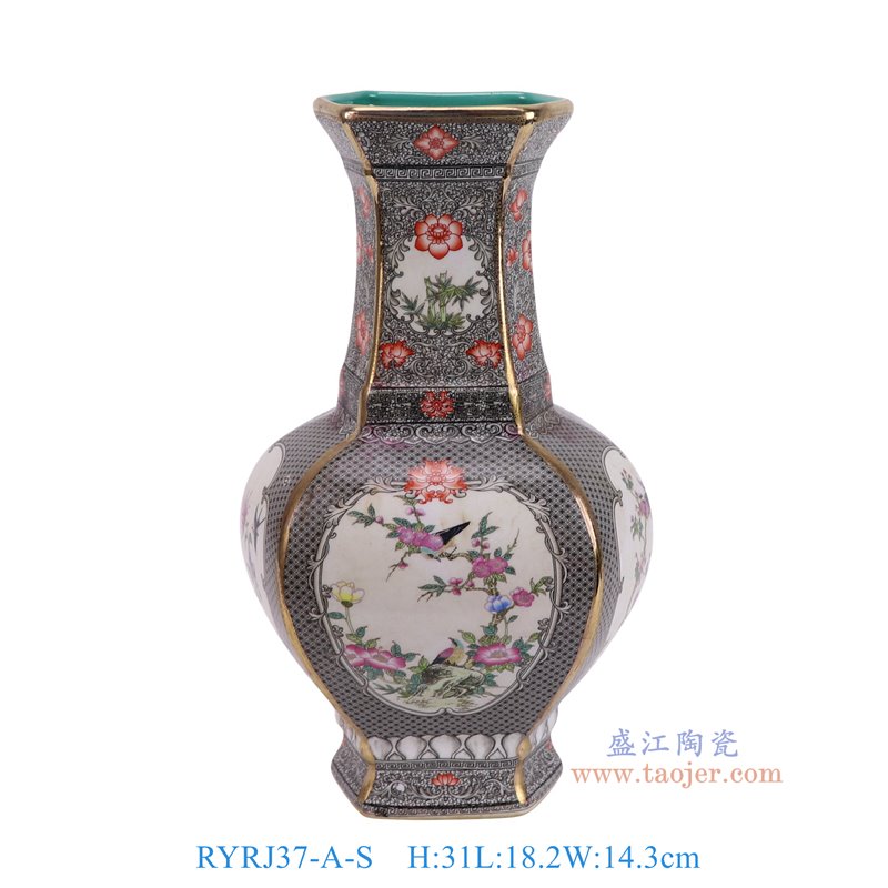 RYRJ37-A-S珐琅彩灰底开窗花鸟六角花瓶小号正面图