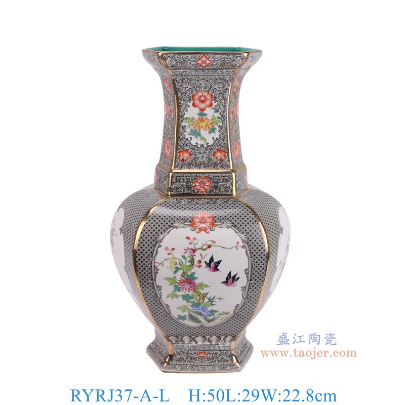 RYRJ37-A-L珐琅彩灰底开窗花鸟六角花瓶大号正面图