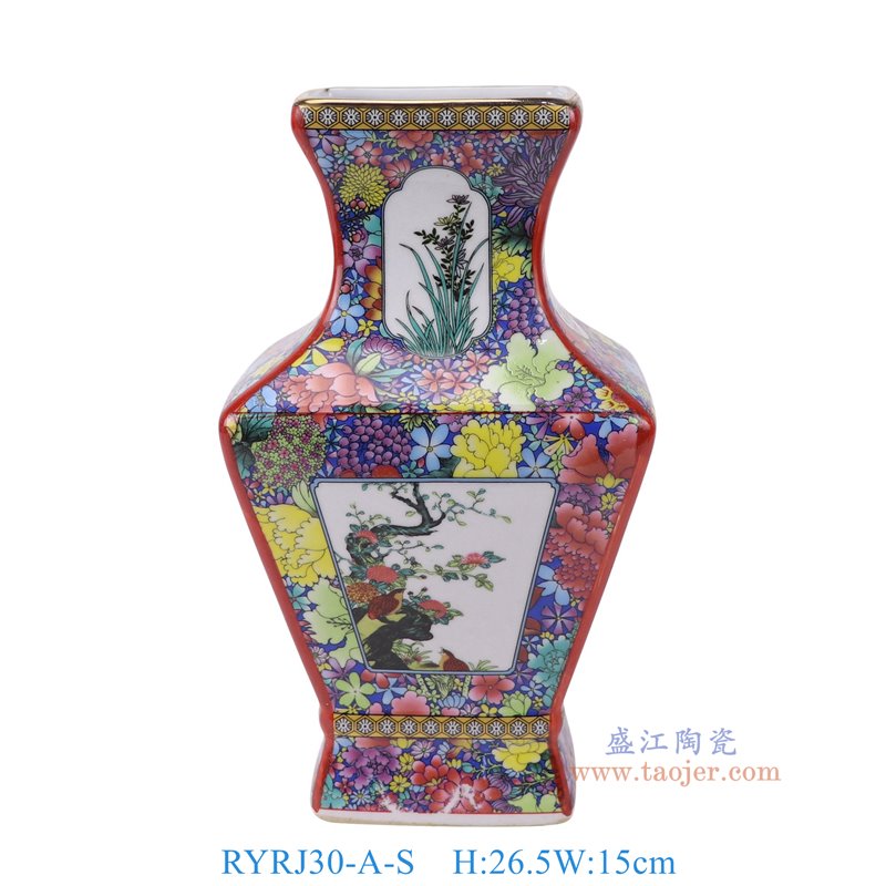 RYRJ30-A-S珐琅彩万花底开窗花鸟四方花瓶小号正面图