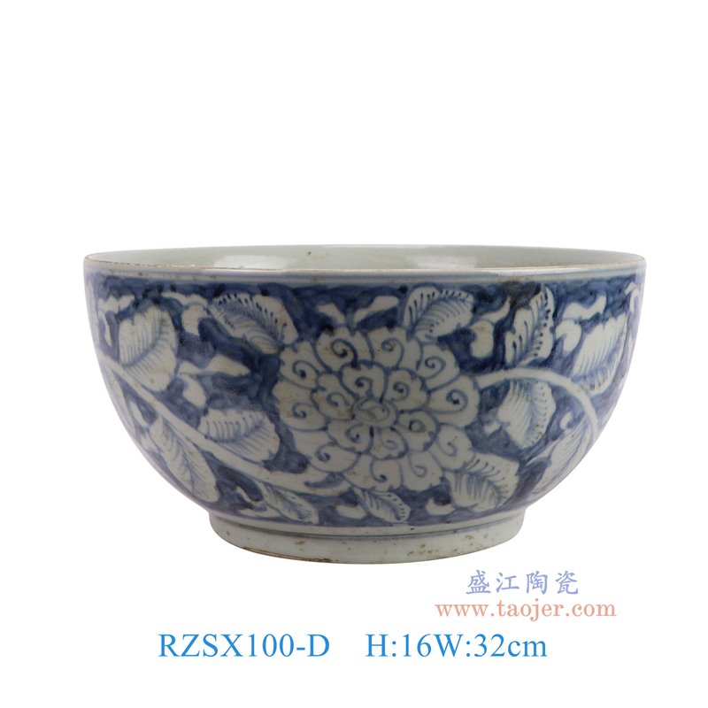 RZSX100-D仿古脚踩泥青花蓝底白花叶纹大碗正面图