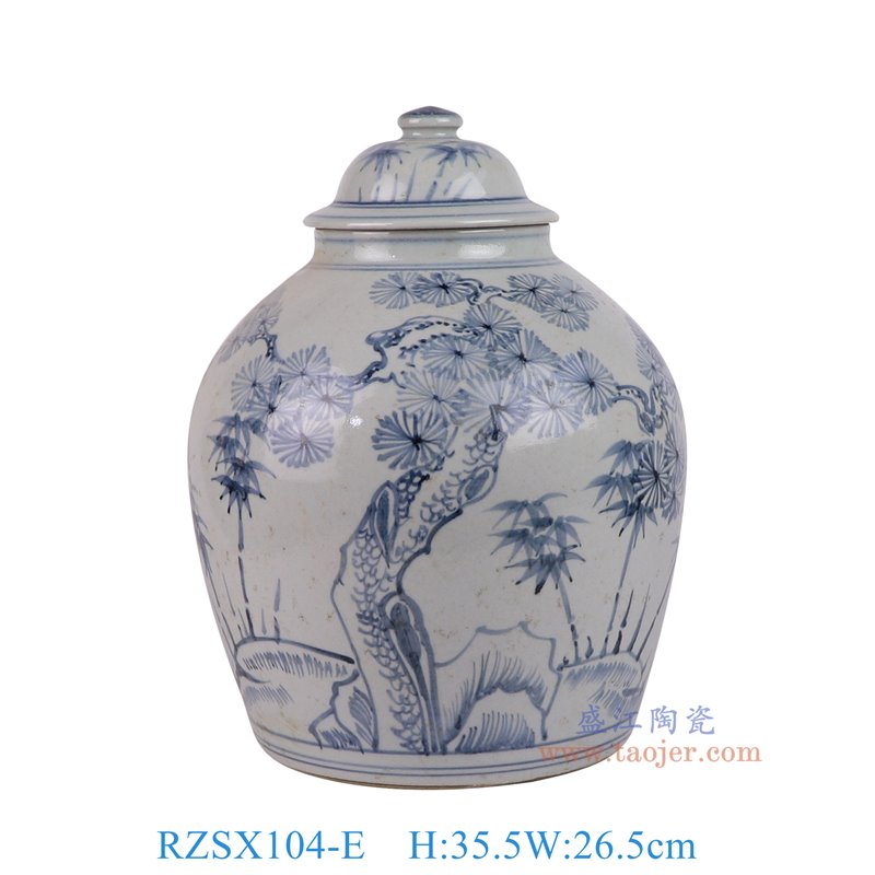 RZSX104-E仿古脚踩泥青花松竹梅茶叶罐眀罐正面图