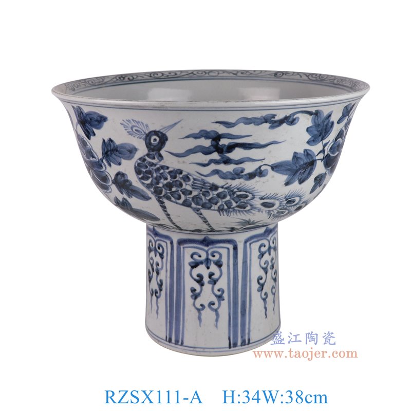 RZSX111-A仿古脚踩泥青花孔雀花鸟纹高脚盆正面图