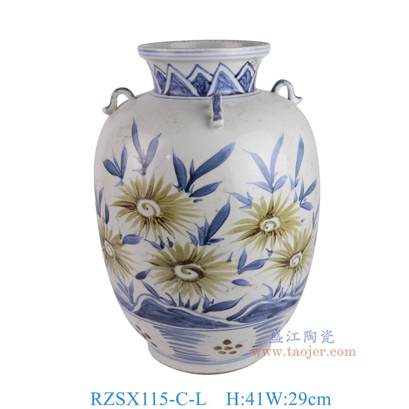 RZSX115-C-L仿古脚踩泥青花斗彩花叶纹四耳罐大号正面图