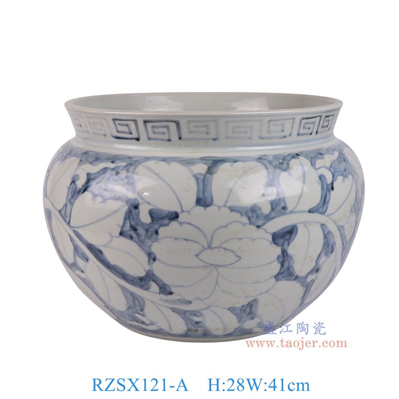 RZSX121-A仿古脚踩泥青花蓝底白牡丹花圆缸香炉正面图