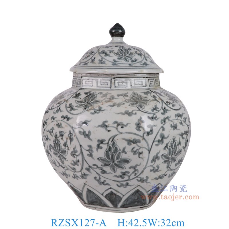 RZSX127-A仿古脚踩泥青花花叶纹八角将军罐正面图