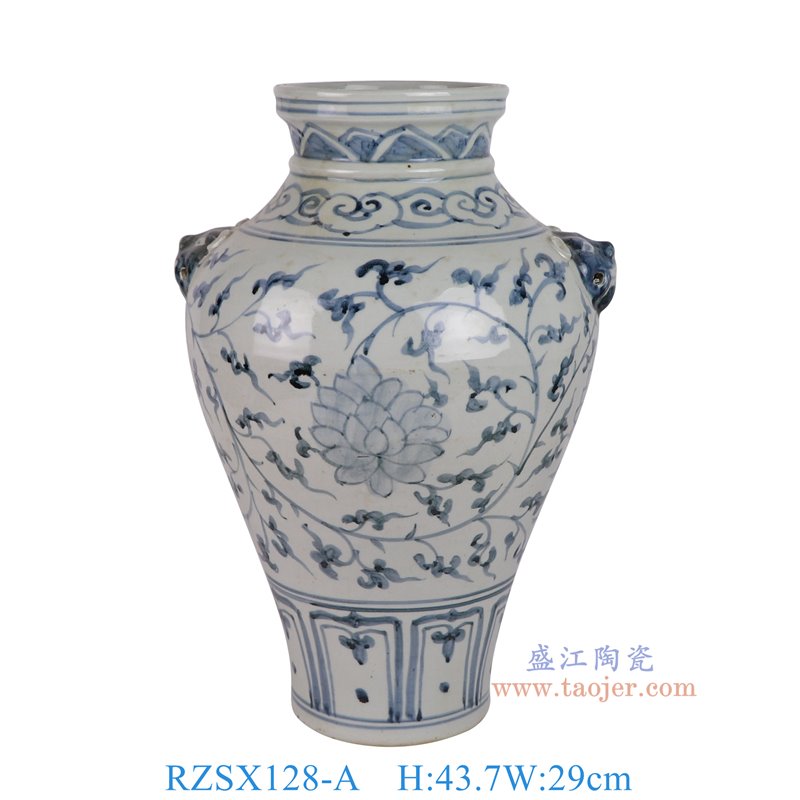 RZSX128-A仿古脚踩泥青花缠枝莲狮耳罐正面图