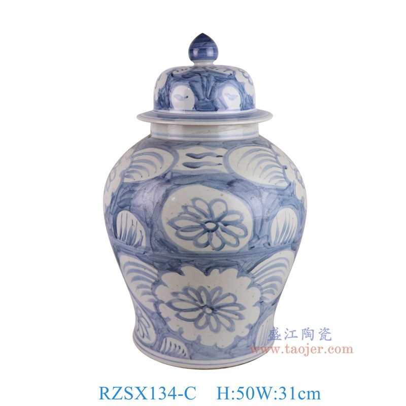 RZSX134-C仿古脚踩泥青花蓝底白花叶纹将军罐正面图