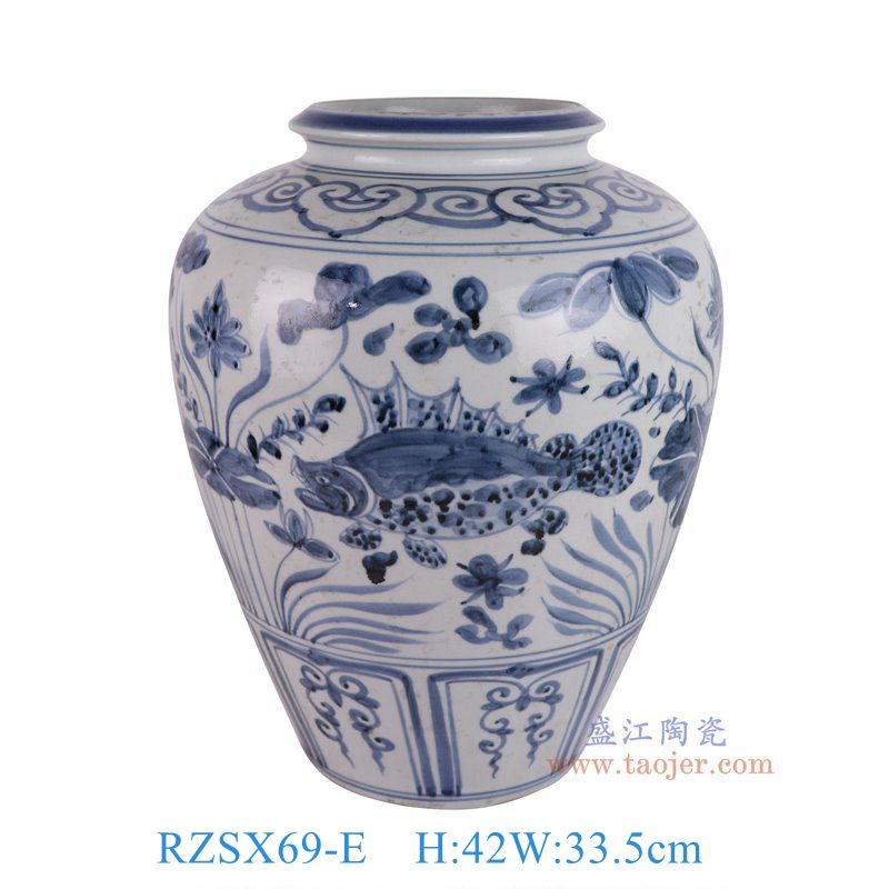 RZSX69-E仿古脚踩泥青花荷花鱼纹冬瓜罐正面图