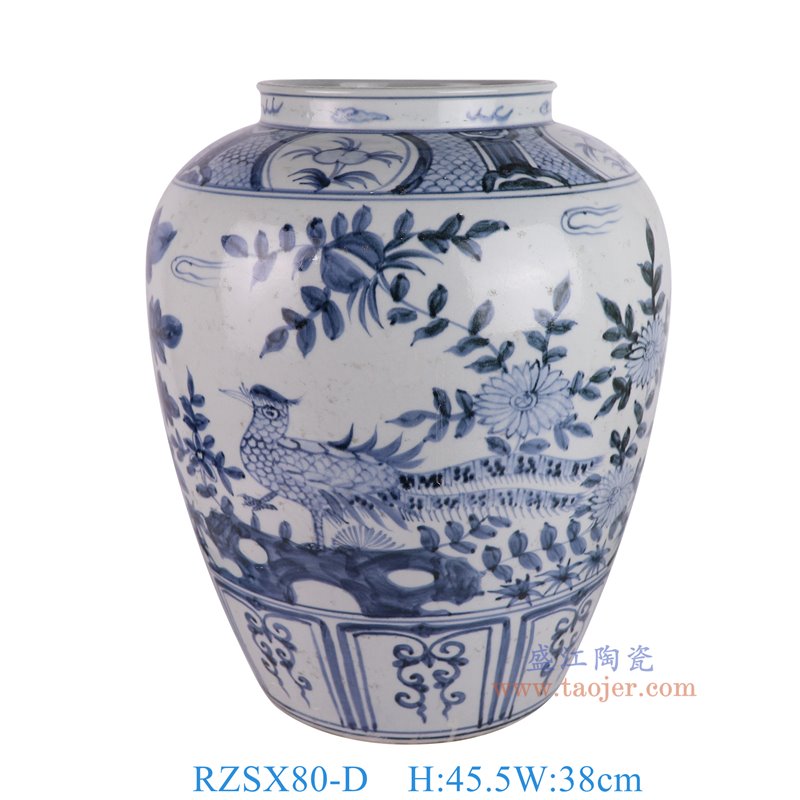 RZSX80-D仿古脚踩泥青花凤凰花鸟冬瓜罐正面图