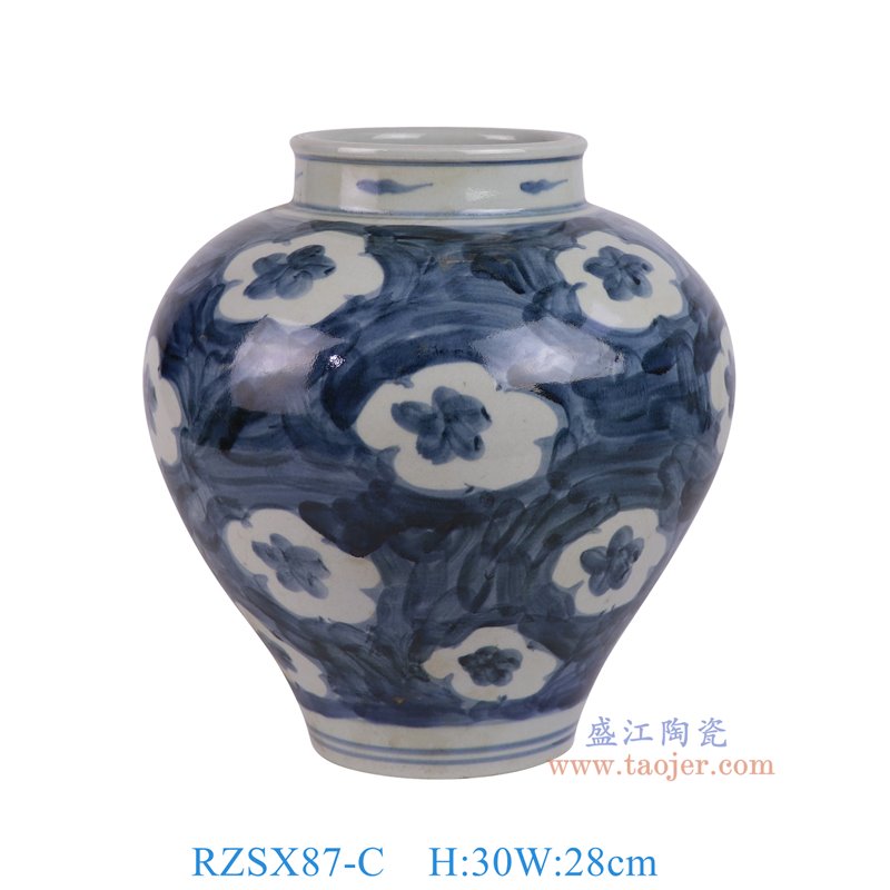 RZSX87-C仿古脚踩泥青花蓝底白花纹大肚罐正面图