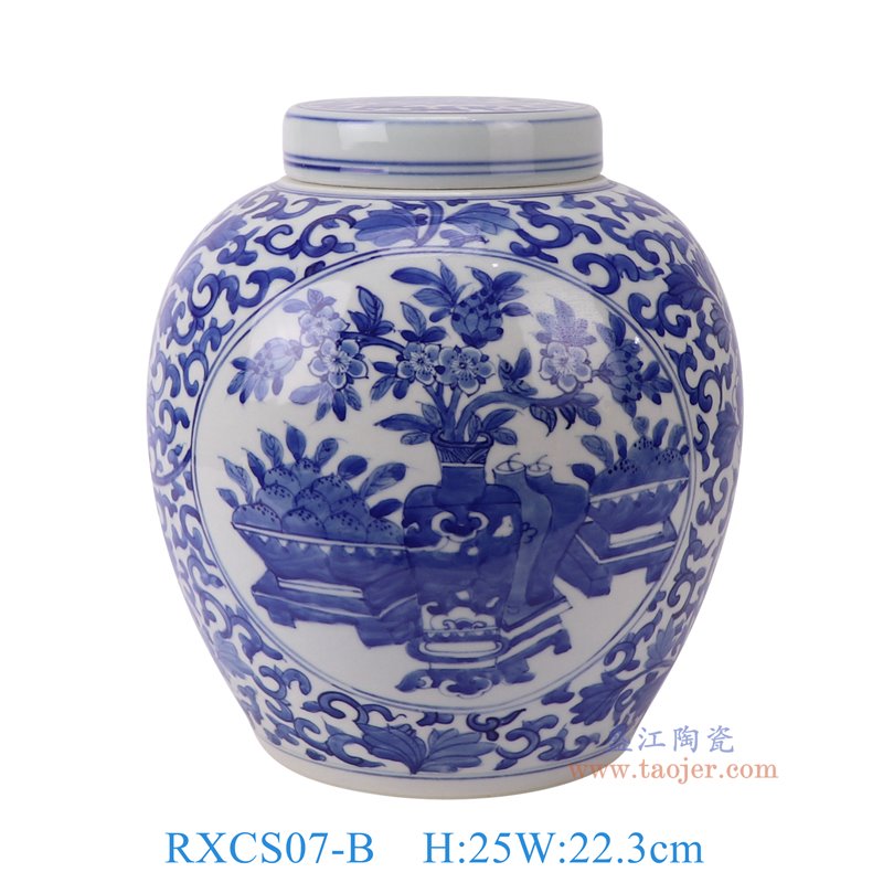 RXCS07-B青花缠枝牡丹开窗博古纹眀罐平顶罐正面图