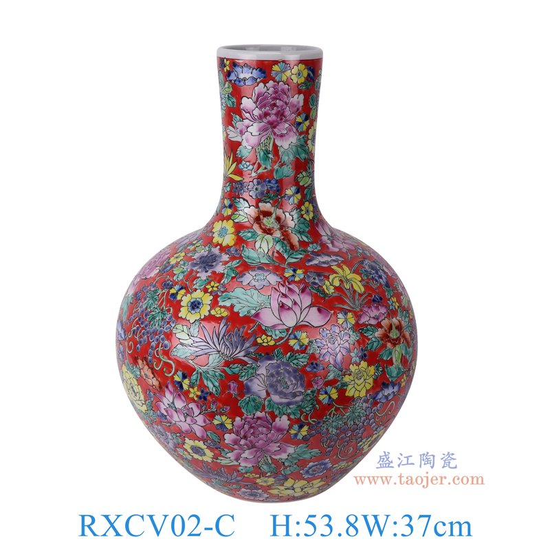 RXCV02-C粉彩红底万花天球瓶正面图