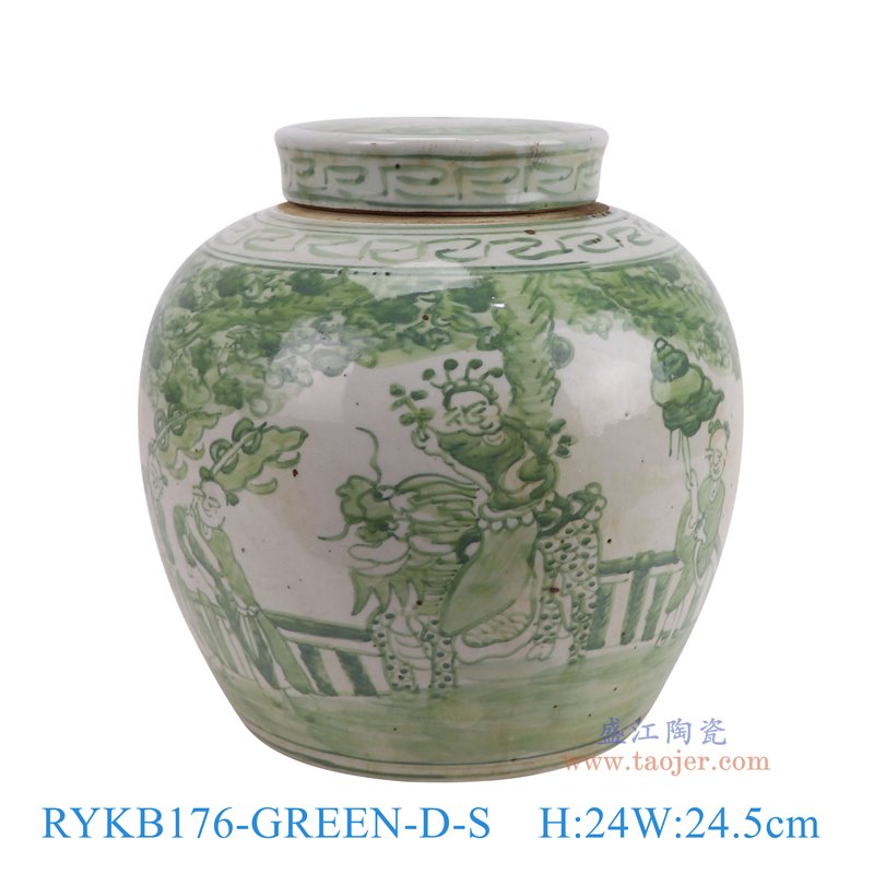 RYKB176-GREEN-D-S 仿古釉绿色麒麟送子纹茶叶罐 高24直径24.5底径16.7重量4.2KG