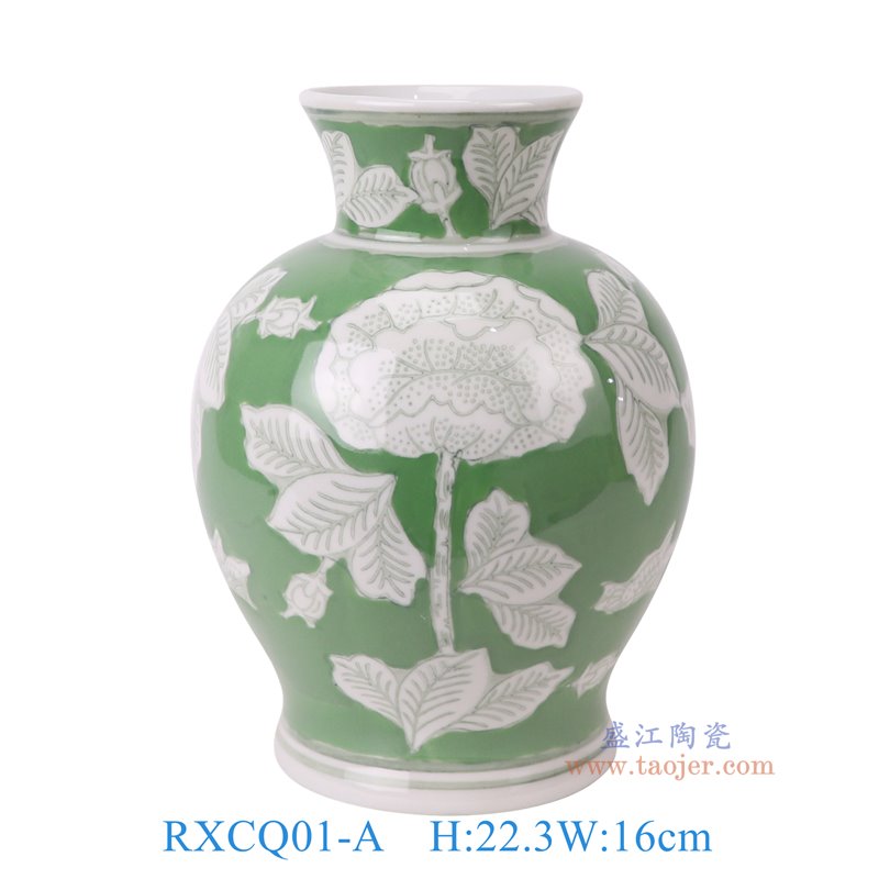 RXCQ01-A绿底白花叶纹花瓶正面图