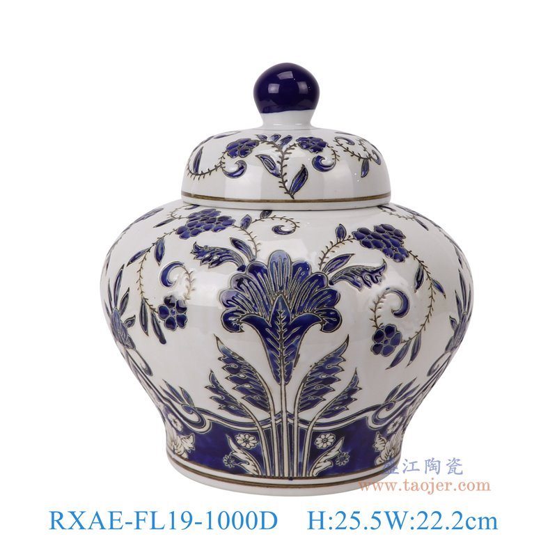 RXAE-FL19-1000D青花彩绘花叶纹将军罐正面图