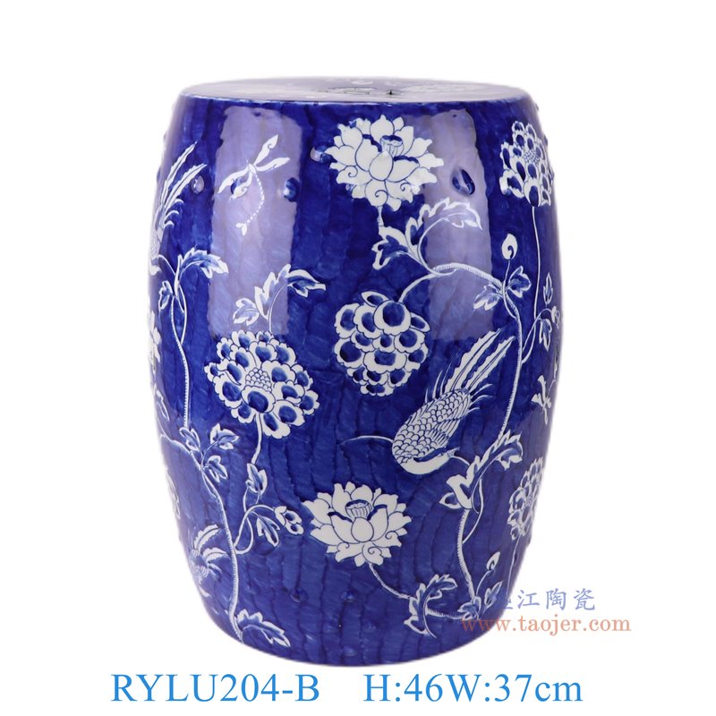 RYLU204-B青花蓝底白花花鸟鼓凳凉墩正面图