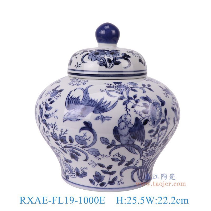 RXAE-FL19-1000E青花花鸟将军罐正面图