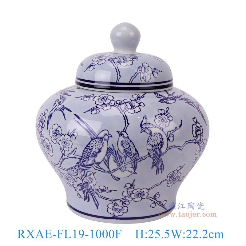 RXAE-FL19-1000F青花浅蓝底花鸟将军罐正面图