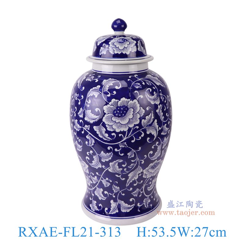 RXAE-FL21-313青花蓝底白花牡丹纹将军罐正面图