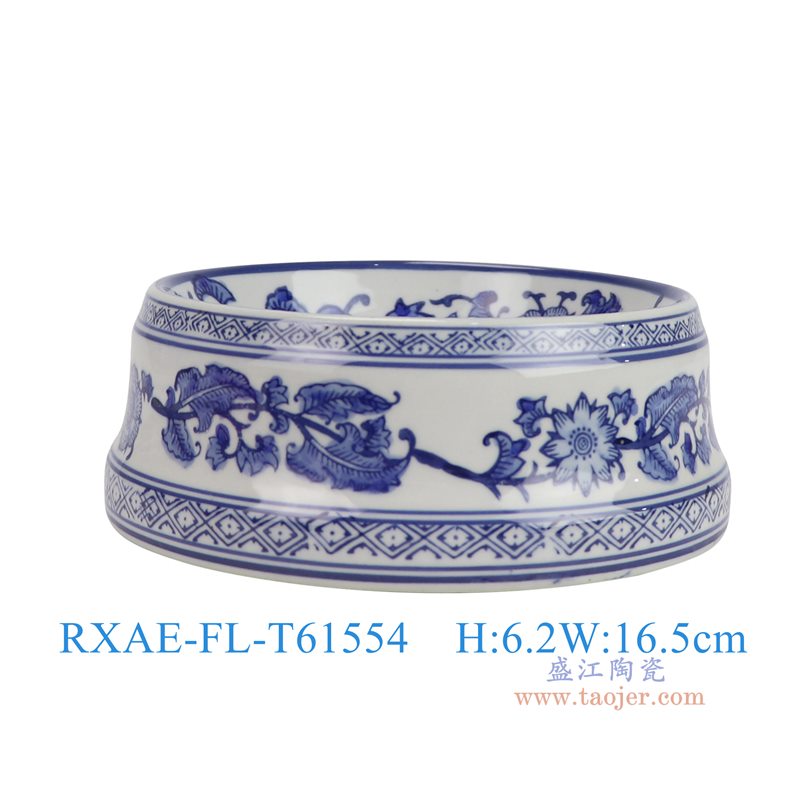 RXAE-FL-T61554青花缠枝花叶纹狗食盆粮盆小号正面图