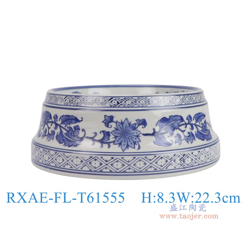 RXAE-FL-T61555青花缠枝花叶纹狗食盆粮盆中号正面图